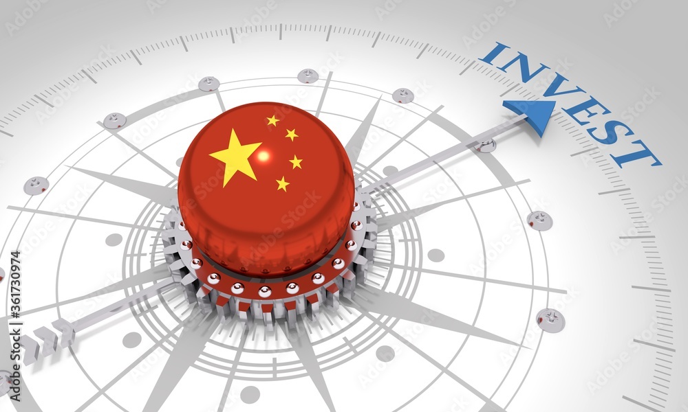 Business concept. Abstract compass points to the invest word. Flag of the China. 3D rendering Business concept. Abstract compass points to the invest word. Flag of the China. 3D rendering
