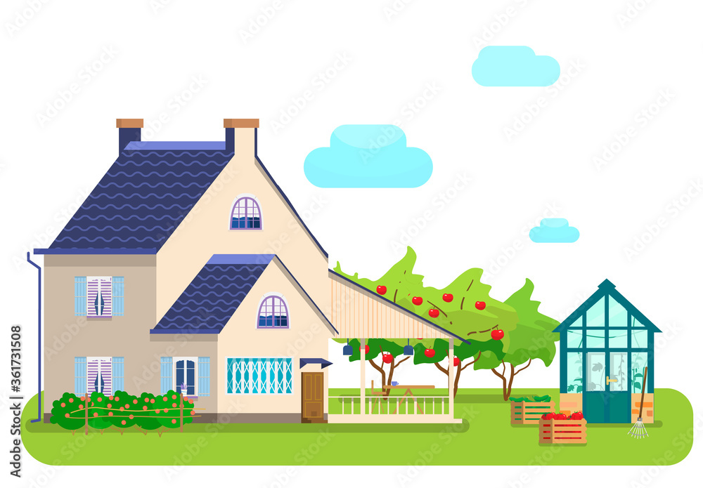 Vector illustration of countryside scene. Country house, greenhouse and apple orchard. Flat design.