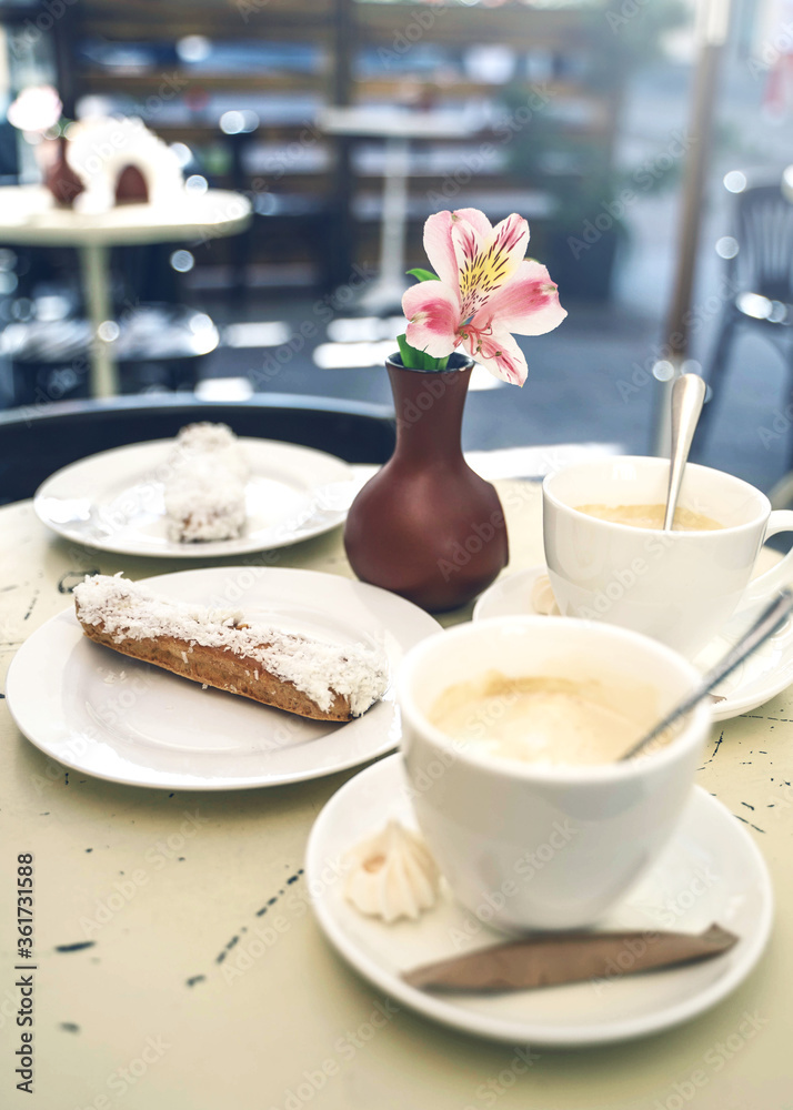 breakfast with coffee and cookie, food on the table in cafe breakfast with coffee and cookie, food on the table in cafe