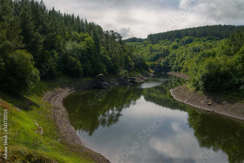Removes water from a river reflecting the environment of mixed forests and cloudy sky
