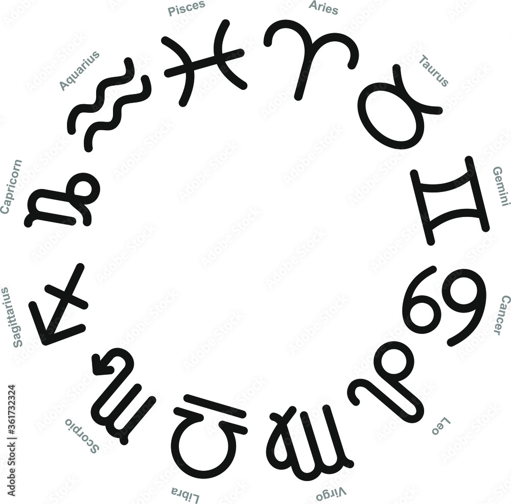 twelve simple black zodiac signs with signatures round on a white background twelve simple black zodiac signs with signatures round on a white background