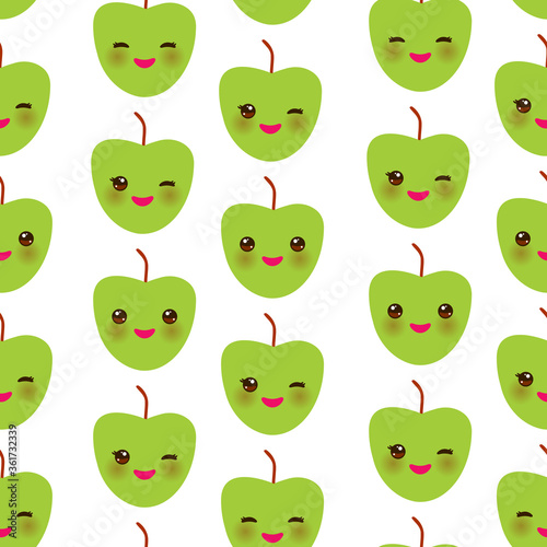 Seamless pattern with cute Kawaii green apple with wink eyes and pink cheeks, isolated on white background trend of the season. Can be used for Gift wrap fabrics, wallpapers, food packaging. Vector