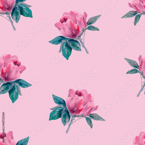 Seamless pattern with hand drawn watercolor wild rose blossom and leaves can be used for textile prinring  wallpaper  background