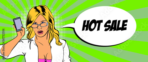 Cartoon style sexy young girl. Poster in comic book style. Vector illustration.