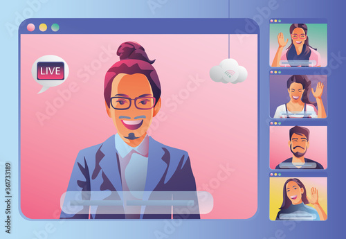 Businessmen use Video conference landing. People on window screen taking with colleagues. Videoconferencing and online meeting workspace page, man and woman learning. Vector illustration, Flat