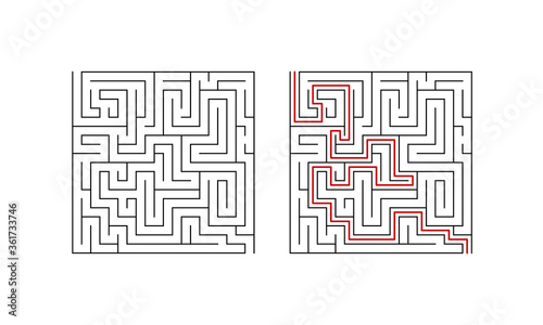 Labyrinth maze game for children. Geometric puzzle with solution. Vector illustration.