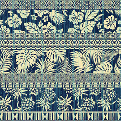 Fototapete Beigefarbene Muster Hawaiianisches Hibiskus Patchwork Muster Tribal  © PrintingSociety