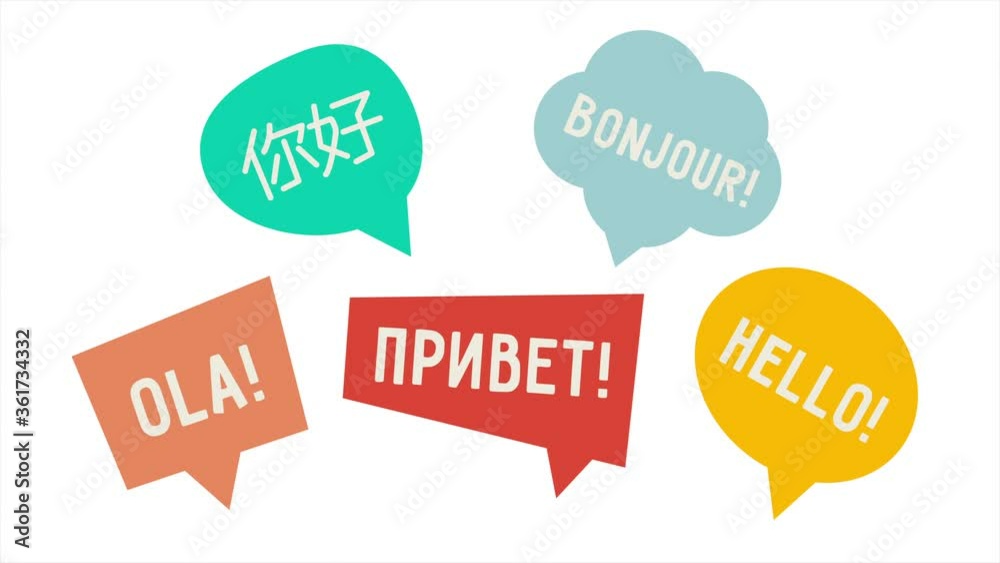 Speech Bubbles Show Up Hello In Different World Languages. Understanding and translation concept. Motion graphic. Video available in 4K FullHD and HD render footage Speech Bubbles Show Up Hello In Different World Languages. Understanding and translation concept. Motion graphic. Video available in 4K FullHD and HD render footage