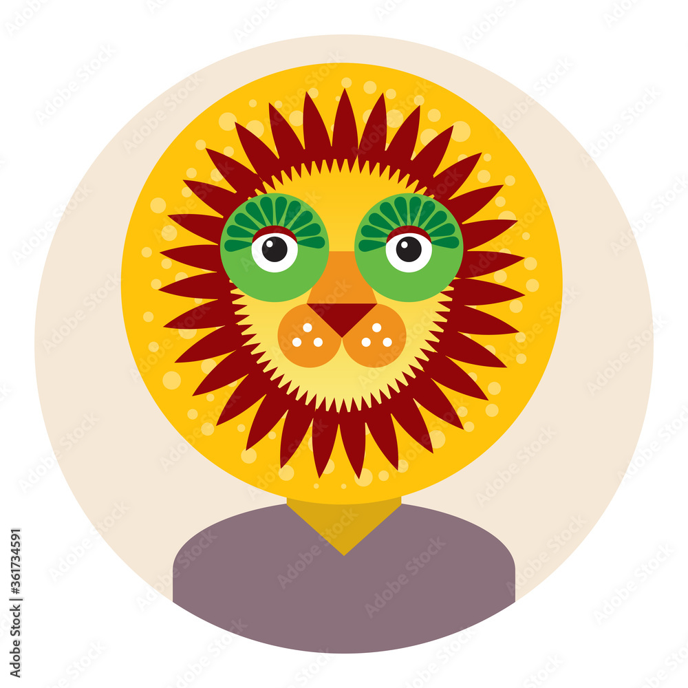 Kawaii funny little lion, portrait, face on pink round background. Card banner design Nursery decor trend of the season, scandinavian style. Vector Kawaii funny little lion, portrait, face on pink round background. Card banner design Nursery decor trend of the season, scandinavian style. Vector