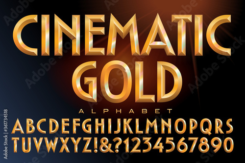 Vector Alphabet of Golden Letters with Prismatic Rainbow Font Effects. This Lettering is Similar to Classic Cinema Titling Styles
