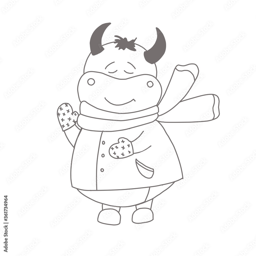 Year of the bull. Ox coloring page The animals are horned. Children's illustration bull or ox. Christmas and New Year. symbol of the year. 2021 Year of the bull. Ox coloring page The animals are horned. Children's illustration bull or ox. Christmas and New Year. symbol of the year. 2021