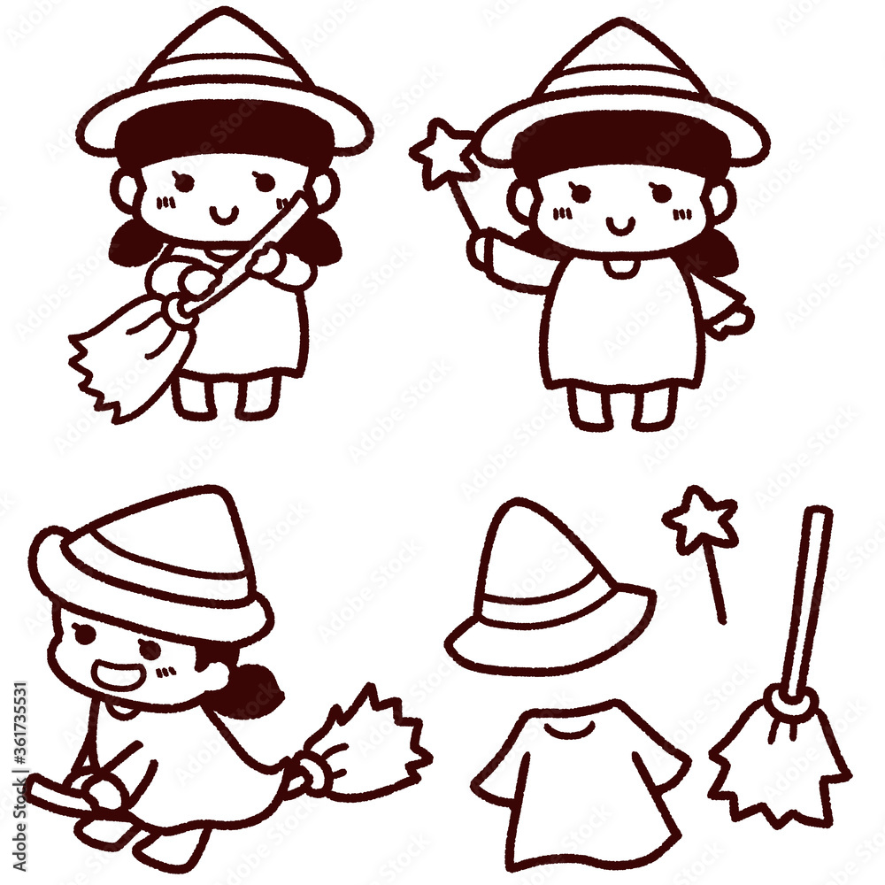 かわいい魔女の女の子セット ぬりえ 線画 かわいい魔女の女の子セット ぬりえ 線画