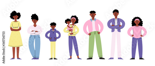 Vector illustration of standing afro american men, women and kids