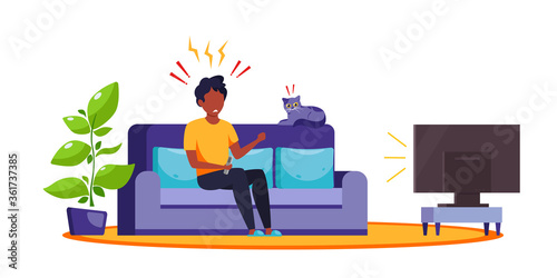 Black man watching news on TV. Shock content, fake news. The emotion of shock, surprise. Vector illustration