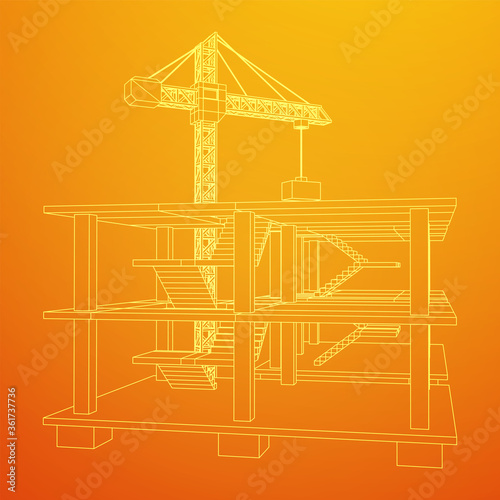 Building under construction with crane. Build house construct in process. Wireframe low poly mesh vector illustration