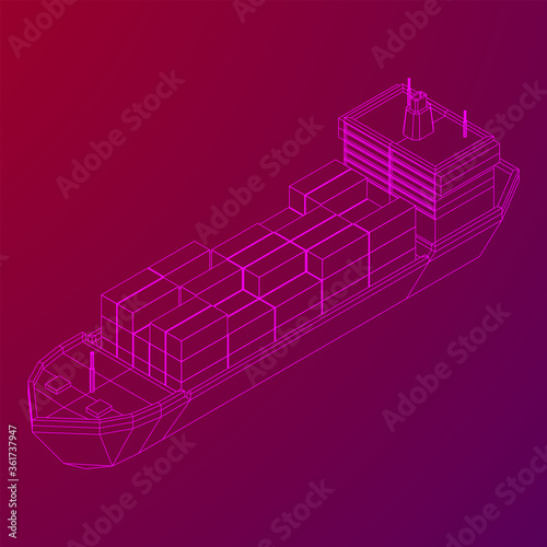 Heavy dry cargo ship of bulk carrier with freight containers. Wireframe low poly mesh vector illustration.