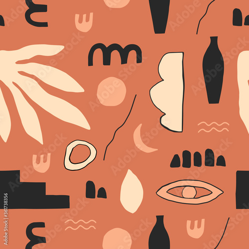 Aesthetic seamless pattern with abstract shapes, plants and symbols. Vector illustration for textile, wallpaper, wrapping