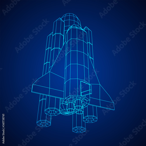 Space ship shuttle. Wireframe low poly mesh vector illustration.