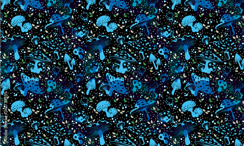 bioluminescent neon mushrooms pattern (ID: 361739355)
