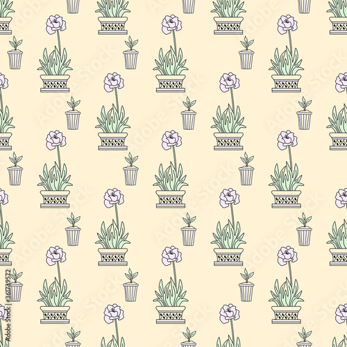 Template. Seamless pattern of indoor plants in pots on a light background. Flowers and sprouts in geometric vases. The concept of home, garden, interior and design. Vector 