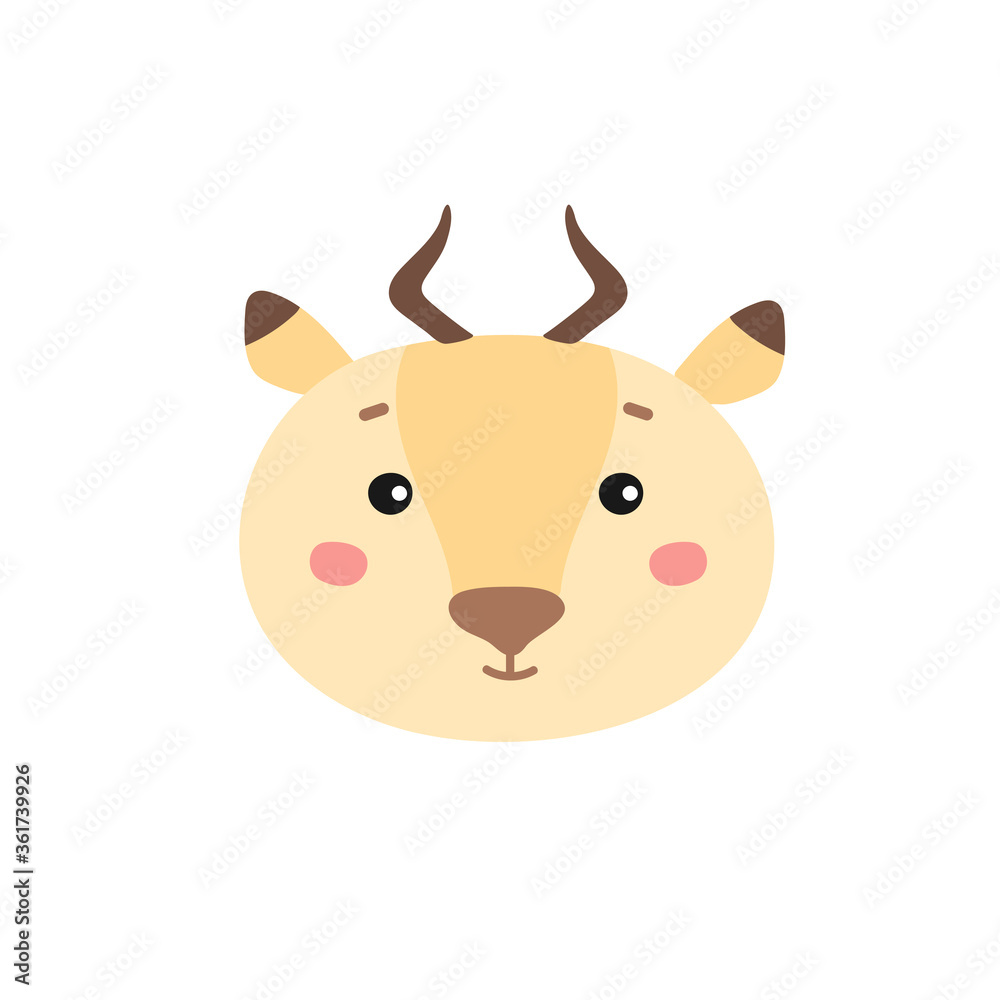 Vector illustration of a cute face antelope. Exotic mammal. Isolated on white background. African tropical animal.Hand drawn savanna gazelle. Funny head safari antelope. Cartoon and flat style. Vector illustration of a cute face antelope. Exotic mammal. Isolated on white background. African tropical animal.Hand drawn savanna gazelle. Funny head safari antelope. Cartoon and flat style.
