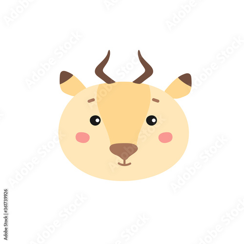 Vector illustration of a cute face antelope.  Exotic mammal. Isolated on white background. African tropical animal.Hand drawn savanna gazelle. Funny head safari antelope. Cartoon and flat style. 