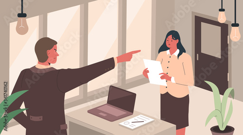 People Characters in Office. Man Boss Fires his Employee and Pointing at Office Door. Woman Holding a Dismissal Letter. Job Firing Concept. Flat Cartoon Vector Illustration.