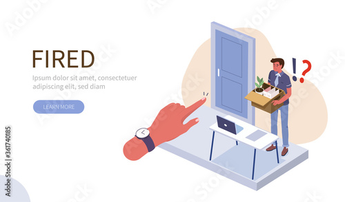 People Character Getting Fired. Dismissed Man Carrying Cartoon Box with Things and Standing near the Office Door.  Crisis and Job Firing Concept. Flat Isometric Vector Illustration.