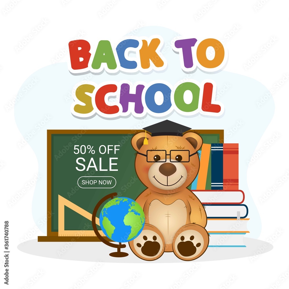 Fototapeta premium Education illustration. Back to school. Cute teddy bear with books, globe and chalkboard. Sale banner