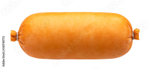 Boiled sausage in shell isolated on white background