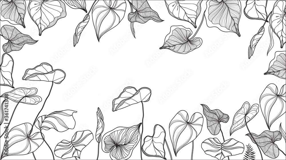 Luxury gold and nature line art ink drawing background vector. Araceae leaves and Floral pattern  vector illustration.