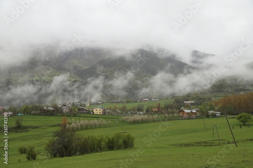 Mountain green hill valley village view. Mountain village landscape. Savsat Artvin Turkey