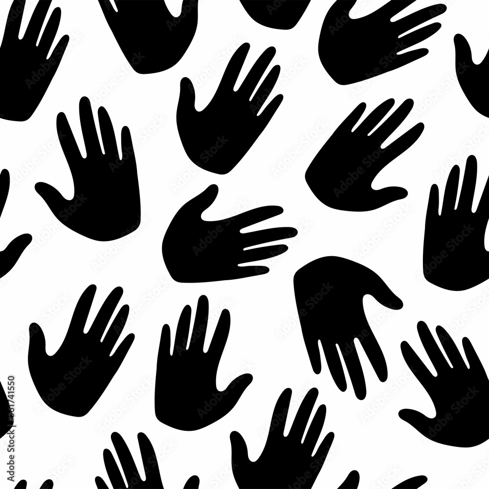 Handprint silhouette seamless pattern. Creative design textile, wrapping, wallpaper vector texture. Black hand colored illustration