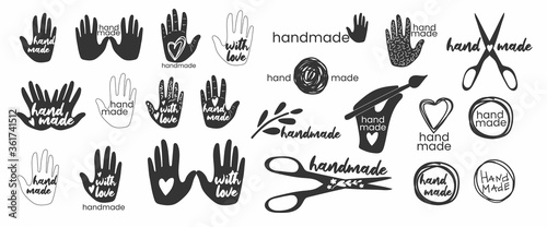 Handmade. Badges, labels and logo elements, retro symbols for handcrafted shop, hand made product, package. Vector emblem illustration photo