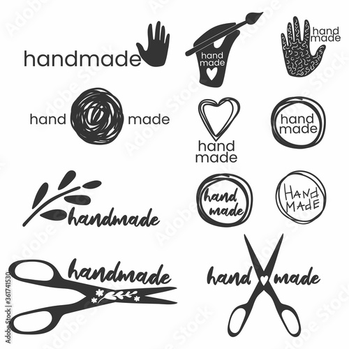 Handmade. Badges, labels and logo elements, retro symbols for handcrafted shop, hand made product, package. Vector emblem illustration photo