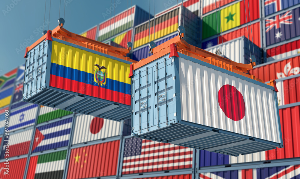 Freight containers with Japan and Ecuador flag. 3D Rendering Freight containers with Japan and Ecuador flag. 3D Rendering
