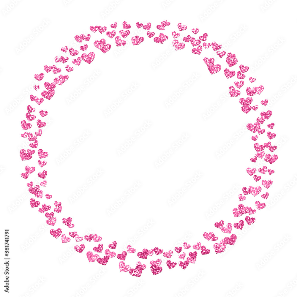 pink and white background circle frame with multiple scattered glitter hearts