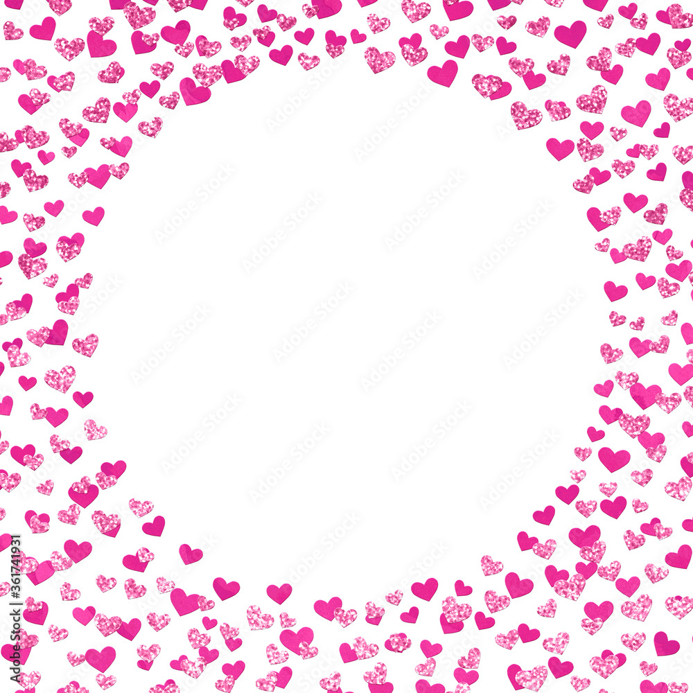 pink and white background circle square frame with multiple scattered glitter and watercolor hearts