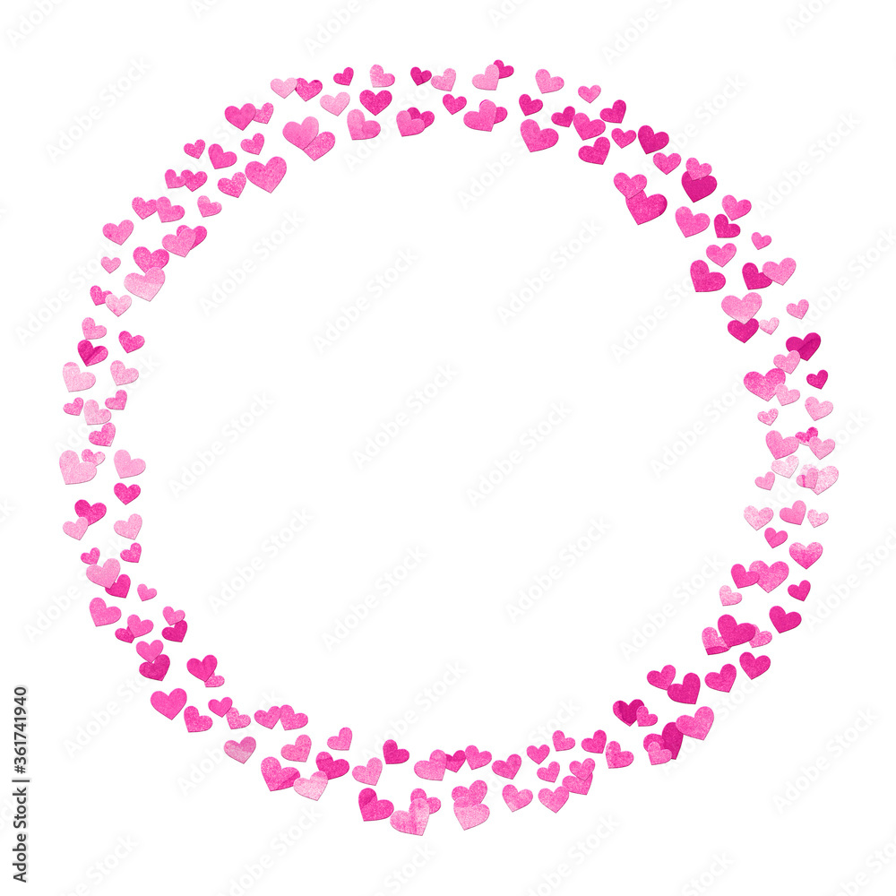 pink and white background circle frame with multiple scattered watercolor hearts