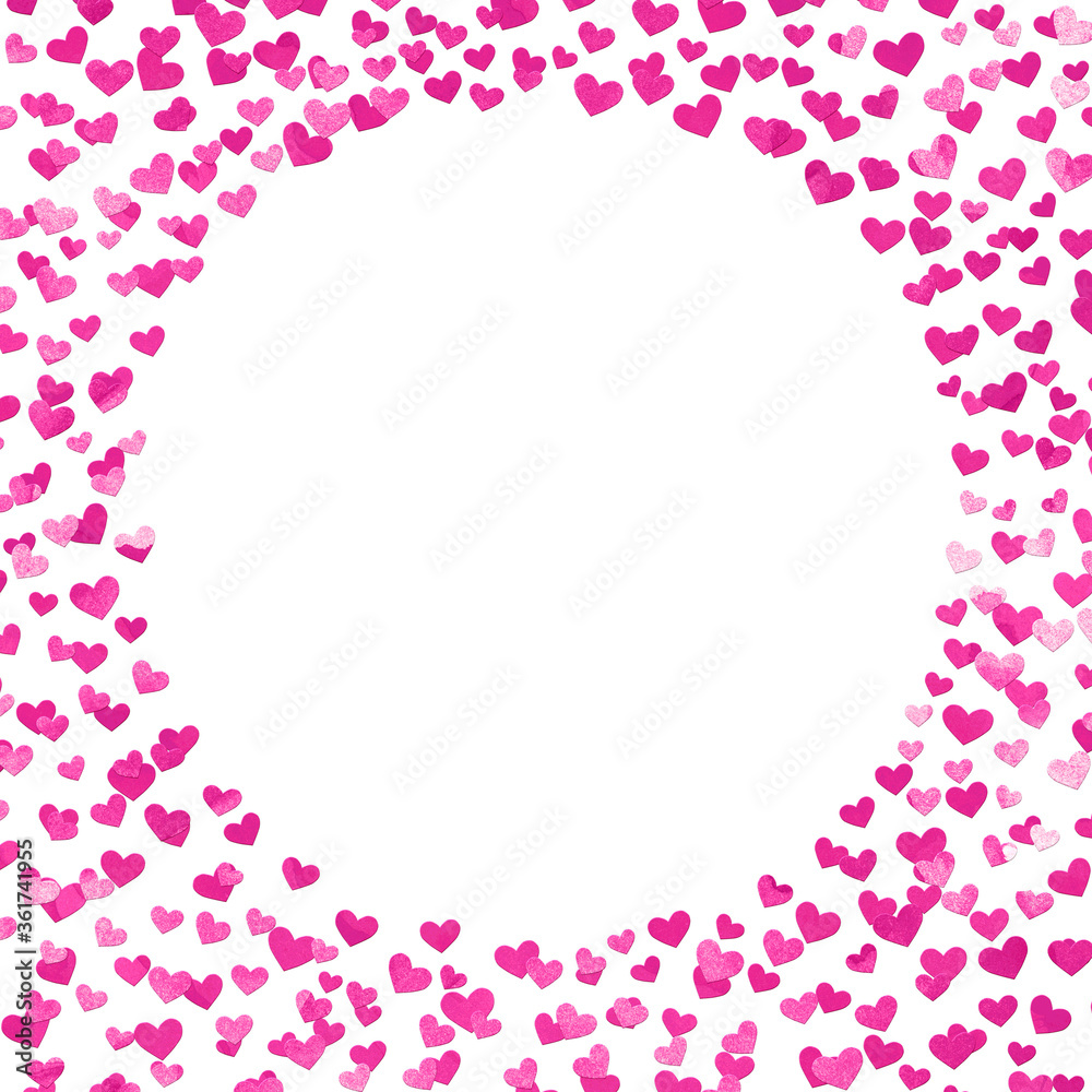pink and white background circle square frame with multiple scattered watercolor hearts