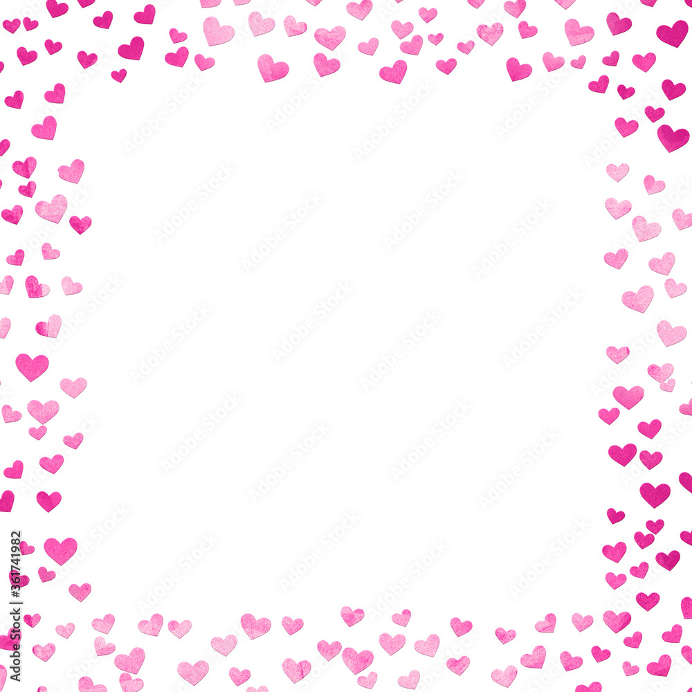 pink and white background square frame with light scattered watercolor hearts