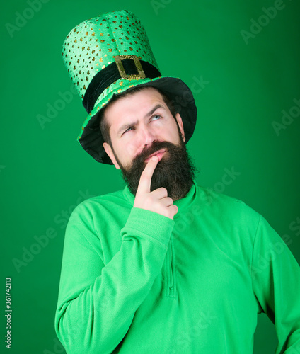 Happy patricks day. St patricks day holiday known for parades shamrocks and all things Irish. Global celebration. Man bearded hipster wear hat. Saint patricks day holiday. Green part of celebration