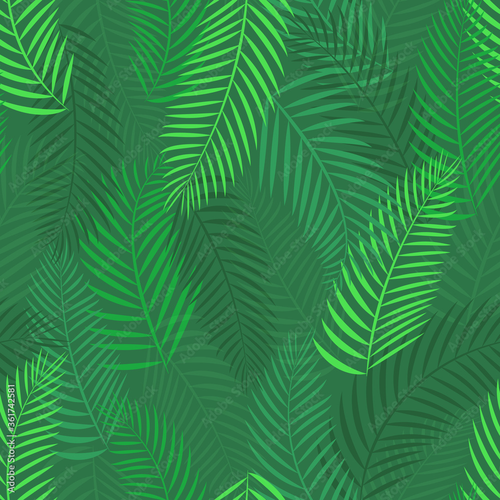 Green branches of a palm tree. Rainforest. Tropical plant. Seamless pattern. Vector illustration.