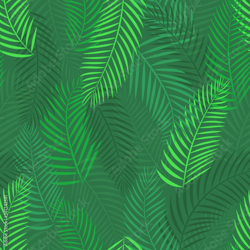 Green branches of a palm tree. Rainforest. Tropical plant. Seamless pattern. Vector illustration.