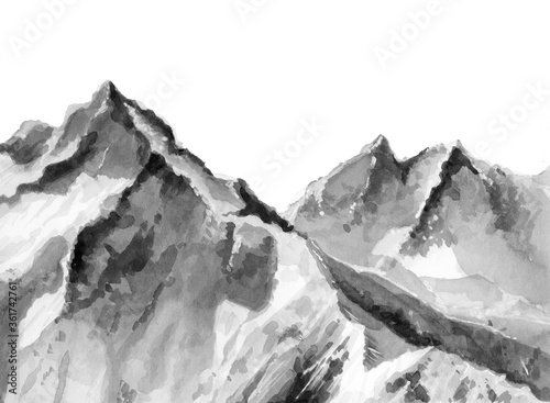 Monochrome mountains. Minimalist landscape. Grey nature view. Black and white peaks. Design for poster, calendar, wallpaper, card, postcard, mural. Watercolour illustration on white background. © Anna