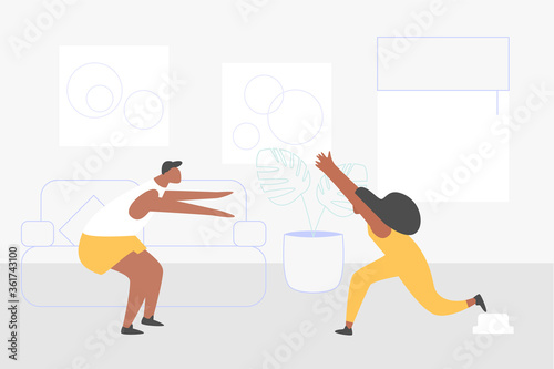 Online fitness at home. Sport exercising vector people