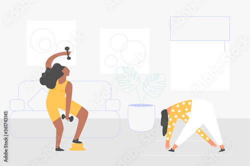 Online fitness at home. Sport exercising vector people