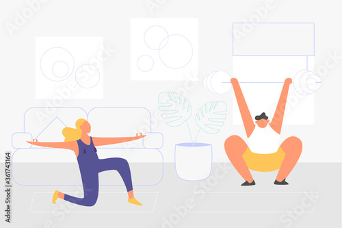 Online fitness at home. Sport exercising vector people