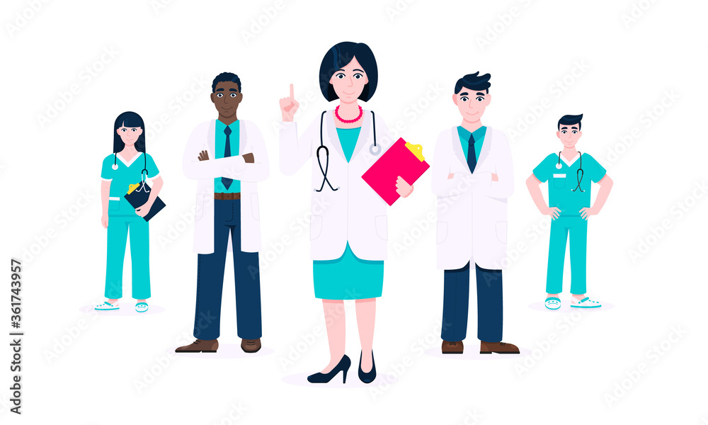 Successful doctors team of medical employee vector illustration isolated on white background. Hospital or medic clinic staff doctor, surgeon, nurse standing up with equipment. Successful doctors team of medical employee vector illustration isolated on white background. Hospital or medic clinic staff doctor, surgeon, nurse standing up with equipment.