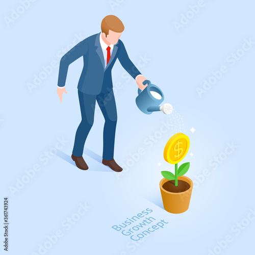 Business growth concept. Business man with pot watering money tree. Vector Isometric illustrations.